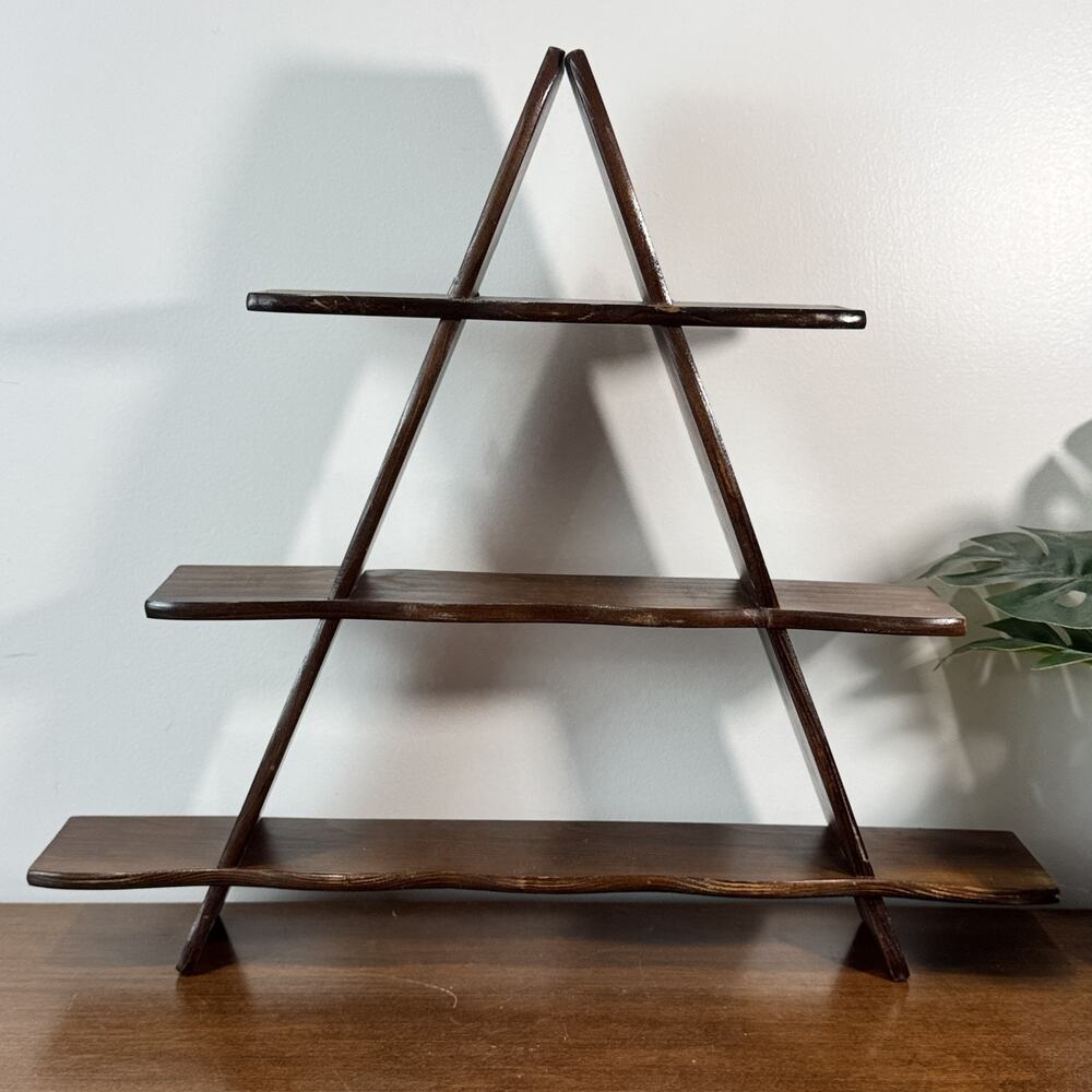 Vintage Wooden Display Shelf Tiered Dark Brown Decor Taiwan Triangle Wood